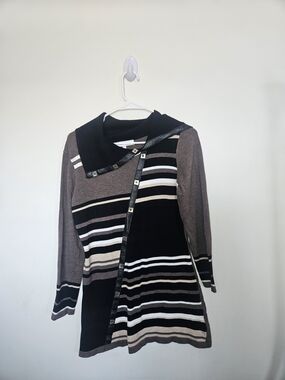 Le Grenier Striped Cowl Neck Tunic Sweater Size Small Faux Leather Trim🔥